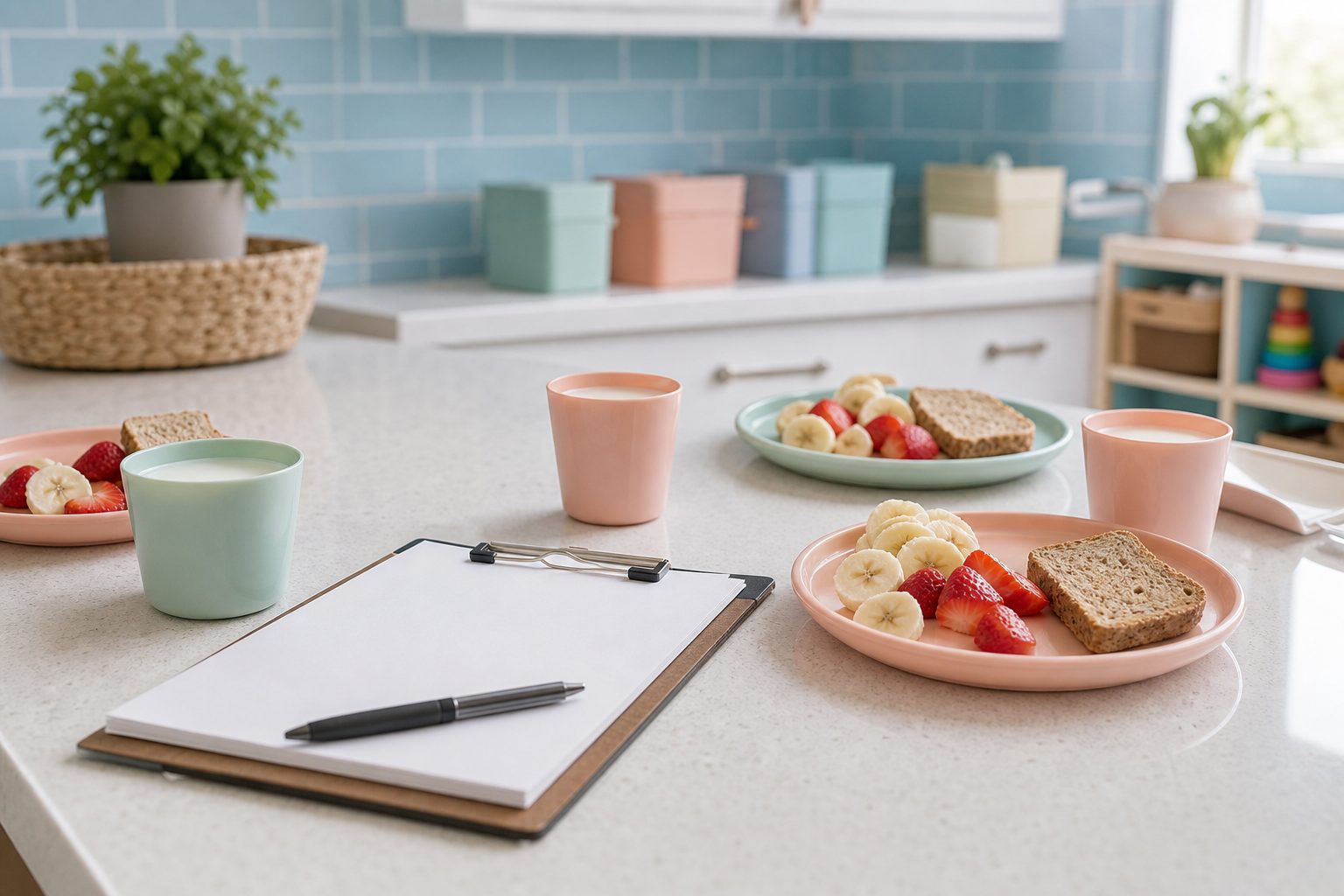 Toddler size meal portions of milk, fruit and toast on a home daycare counter beside a clipboard