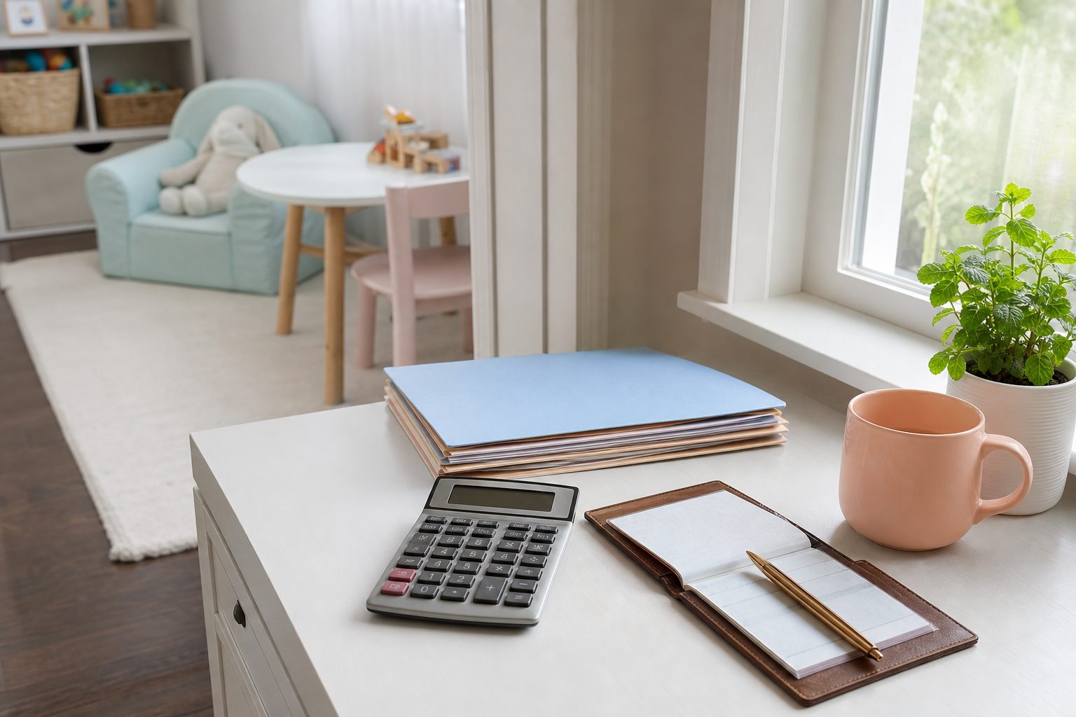 Home daycare desk with a calculator, checkbook and a stack of enrollment folders in morning light