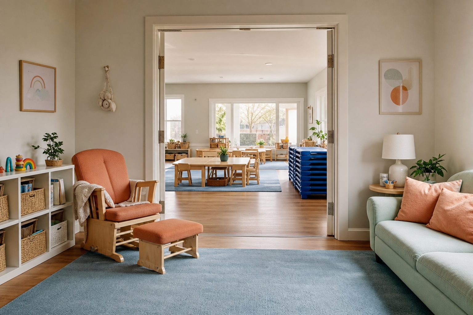 Open doorway between a home playroom and a larger care room with low tables and stacked cots