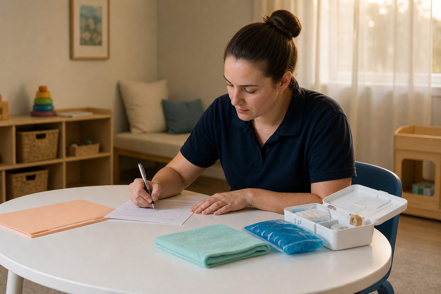 Caregiver filling out a paper form at a small table beside an open first aid kit and a cold pack