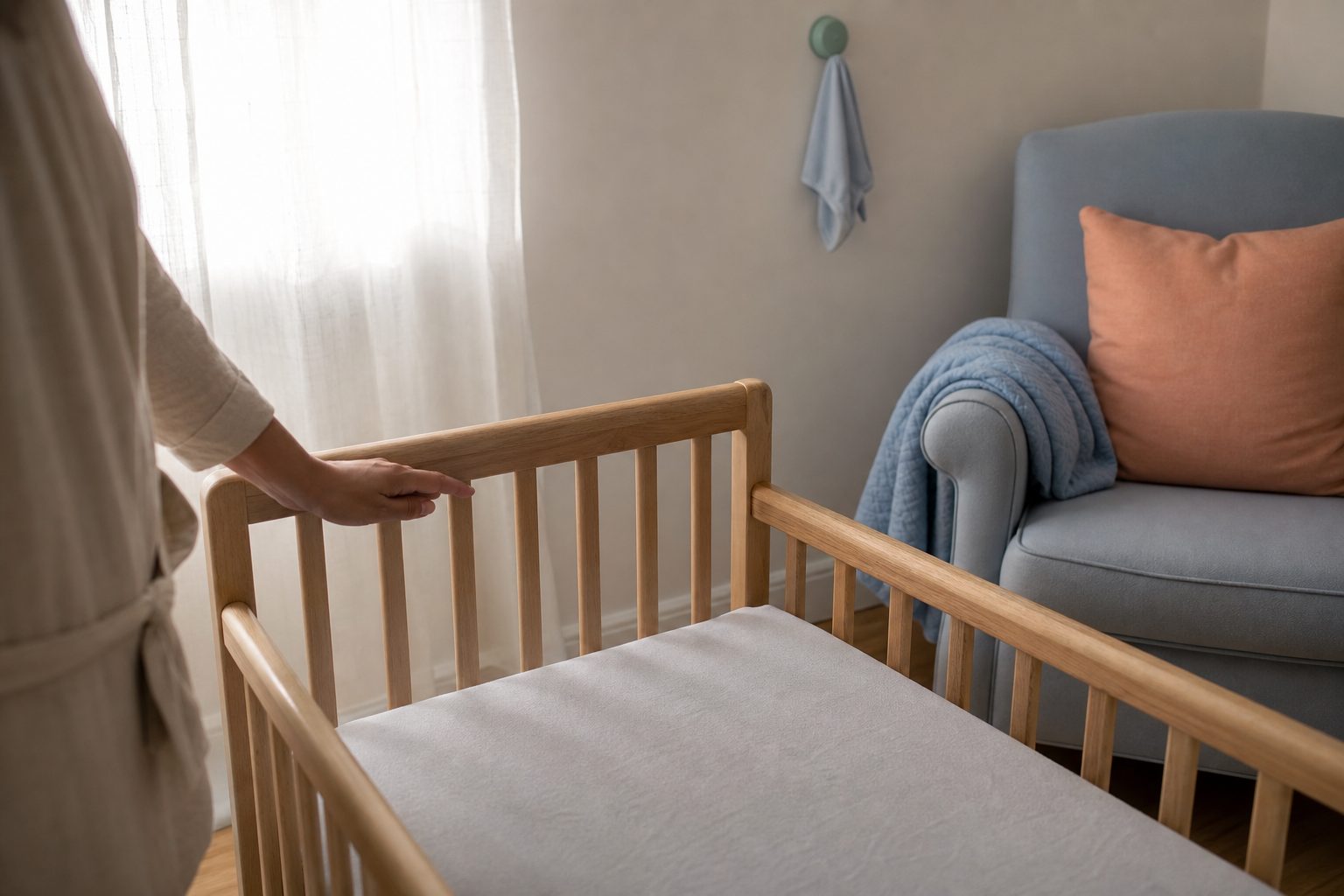 Bare crib with a fitted sheet in a softly lit home nap room, a caregiver's hand resting on the rail