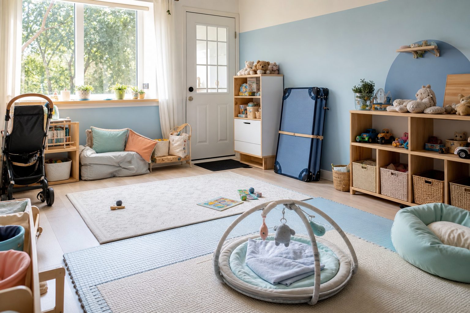 Wide view of a family child care living room with floor mats, low toy shelves and a folded nap cot