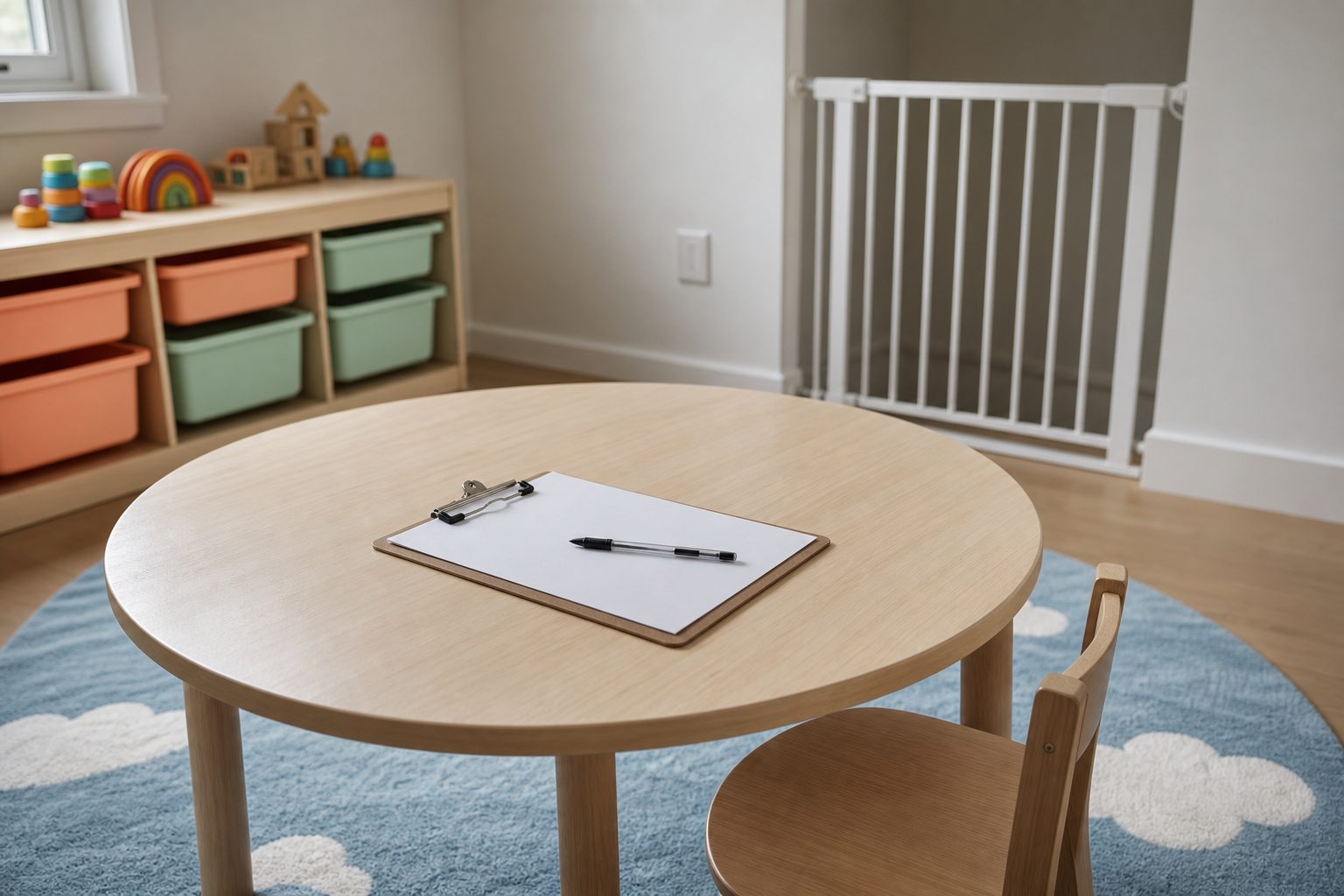 Clipboard and pen on a child height table in a tidy playroom with a low safety gate behind