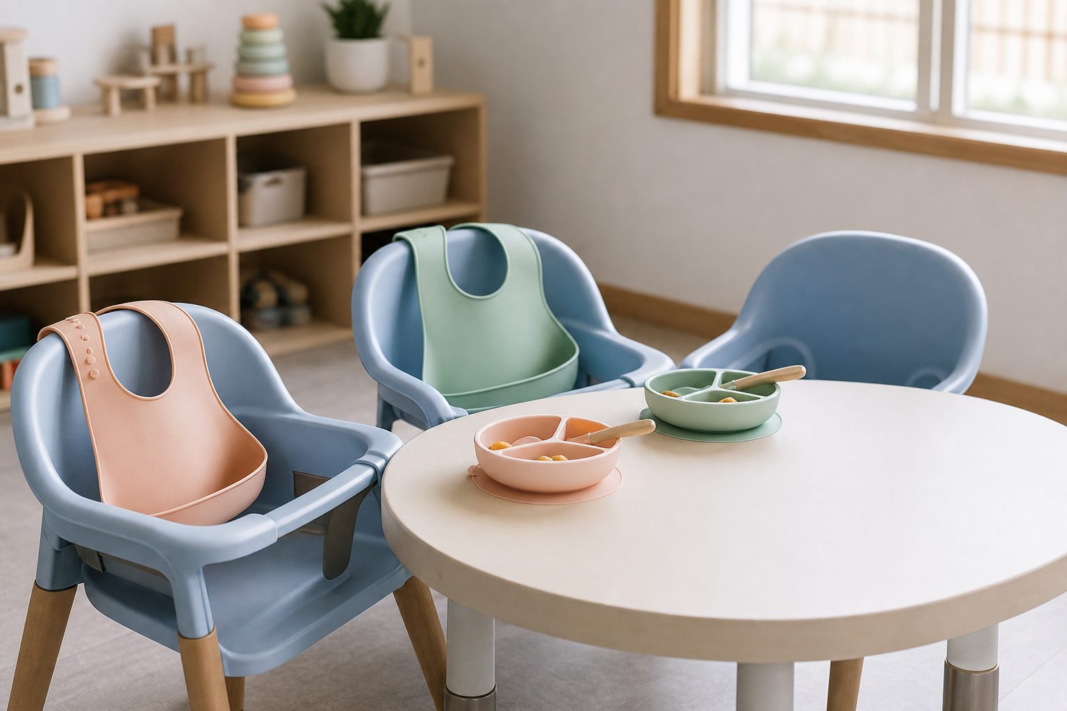 Three high chairs at a small table in a home daycare, two set with bowls and bibs and one empty