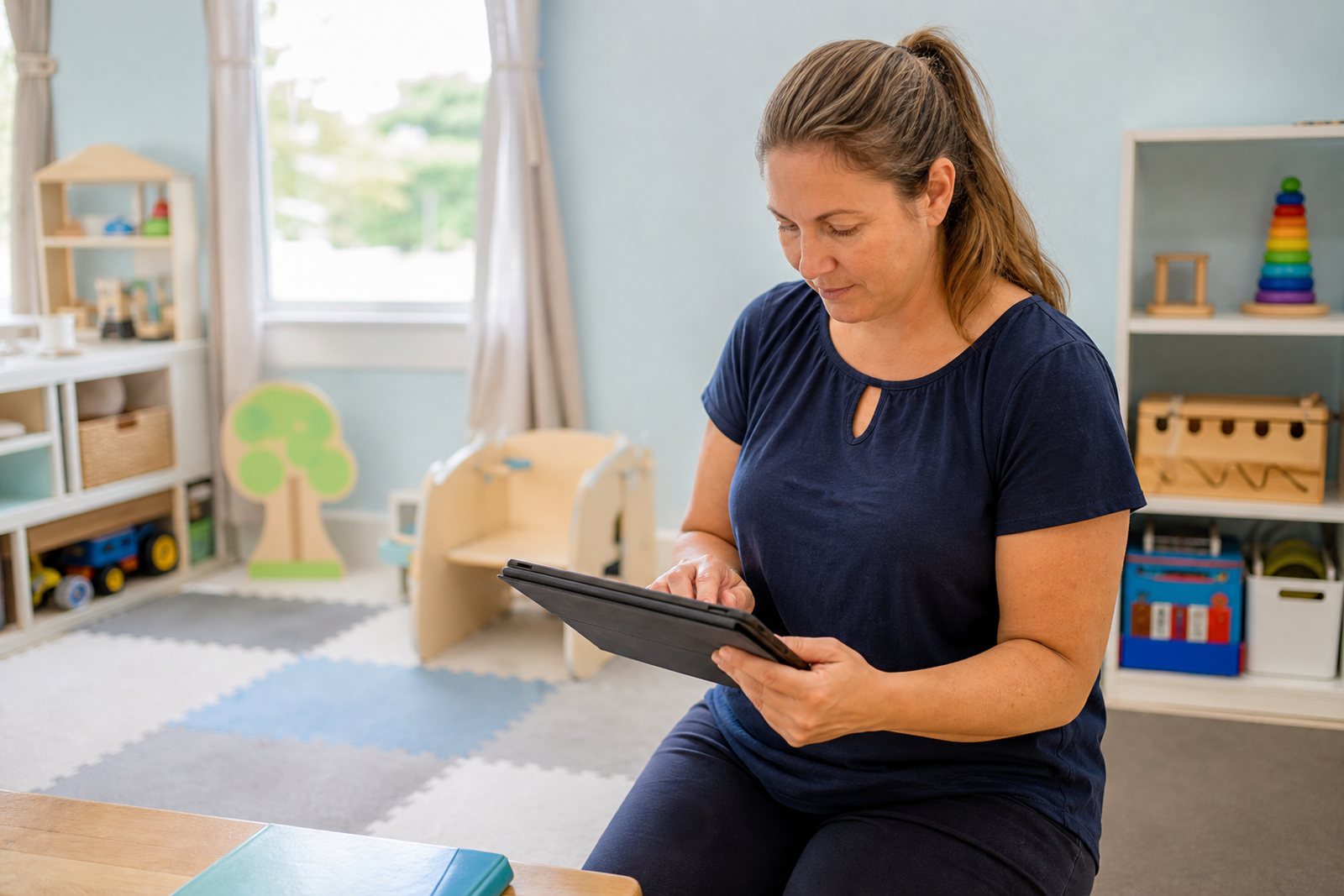 Home daycare provider tapping a nap entry into a tablet in a bright playroom with soft mats and toy shelves