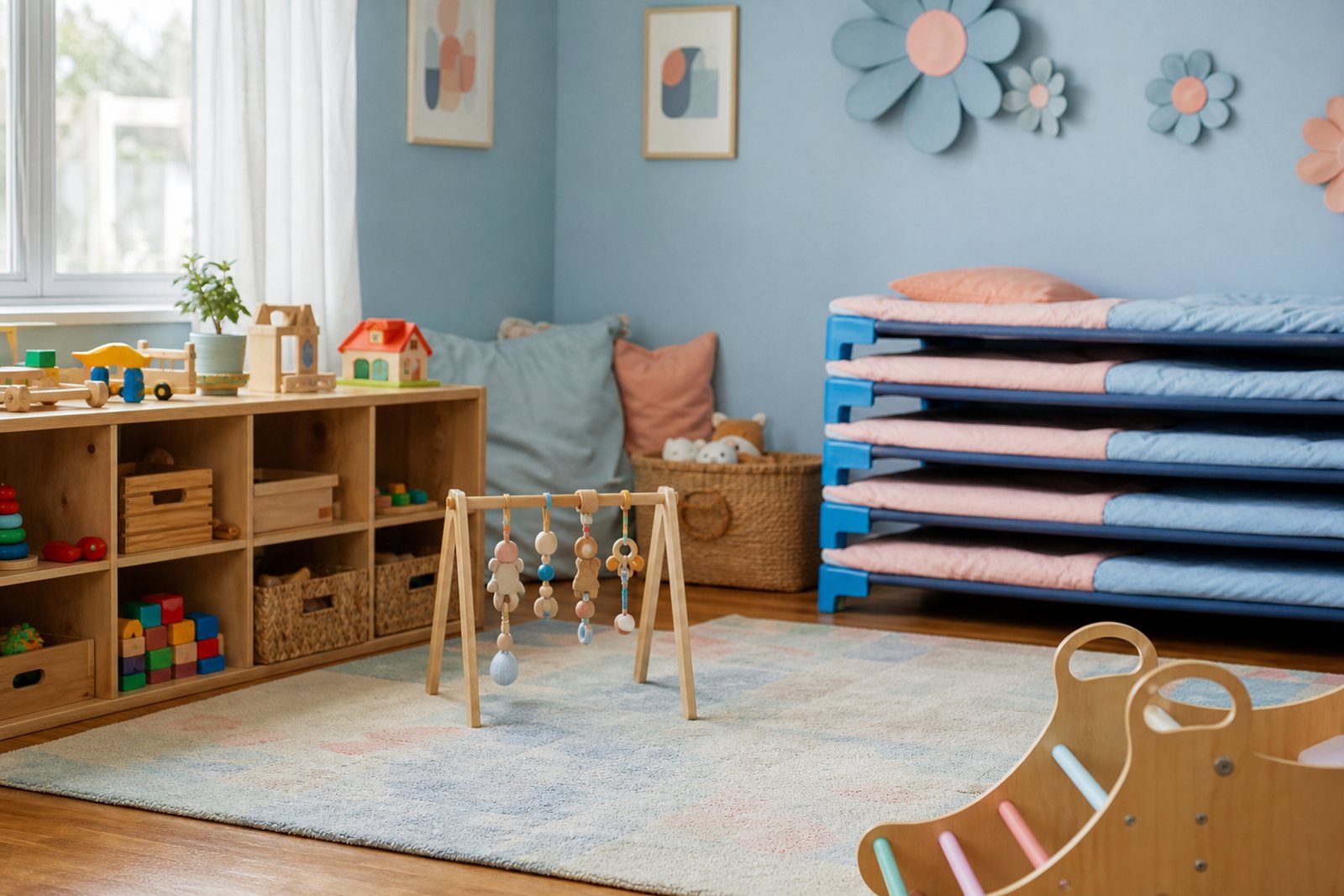 Tidy home daycare playroom corner with a soft rug, wooden toy shelf and stacked nap mats in gentle daylight